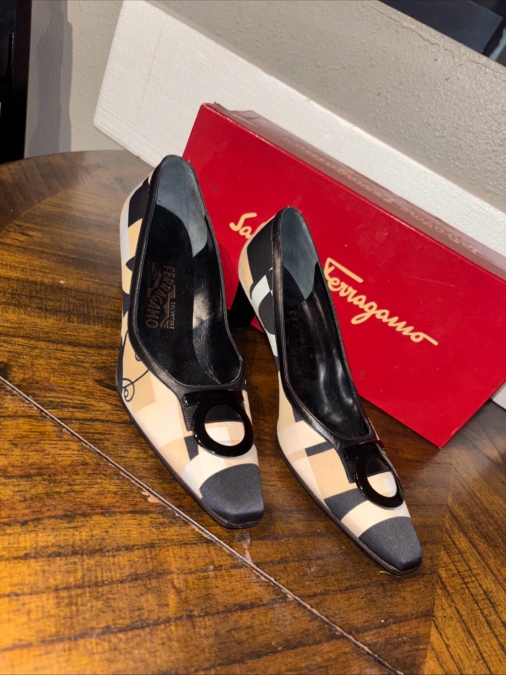 Salvatore Ferragamo Black and Beige Geometric Buckle Pumps